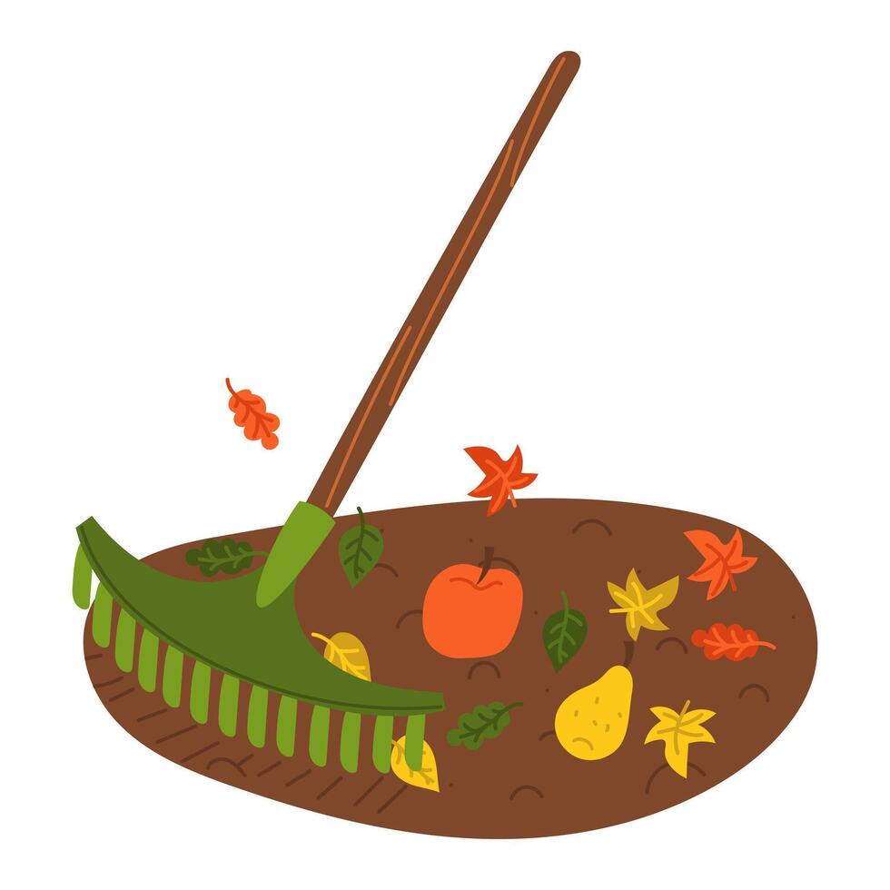 Plastic rakes rake fallen autumn leaves with apples and pears. Gardening tools. Flat color illustration. Suitable for gardening, site maintenance, weed control, agricultural machinery and manual labor vector