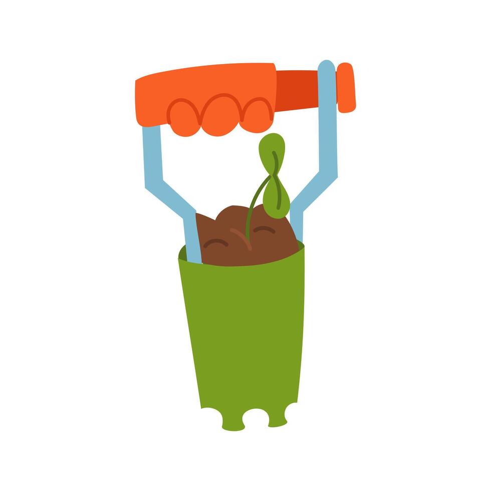 An iron planting cone with a sprout of soil. Gardening tools. Flat color illustration. Garden yard. Suitable for gardening, site maintenance, weed control, agricultural machinery and manual labor vector