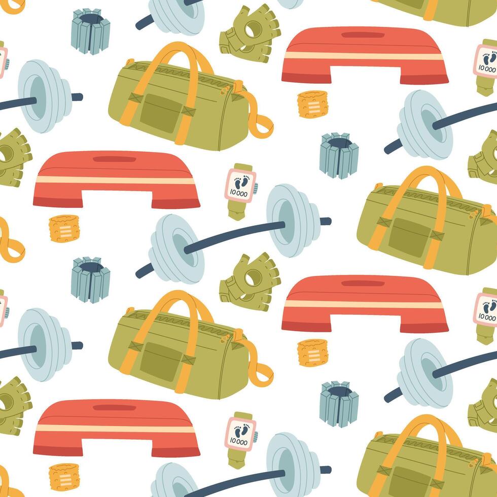 Pattern with fitness items. Stopper, dumbbells with weights, gloves, weights, and bandage. Flat color illustration in seamless texture. For posters, sportswear, apps, packaging, and blogs about health vector