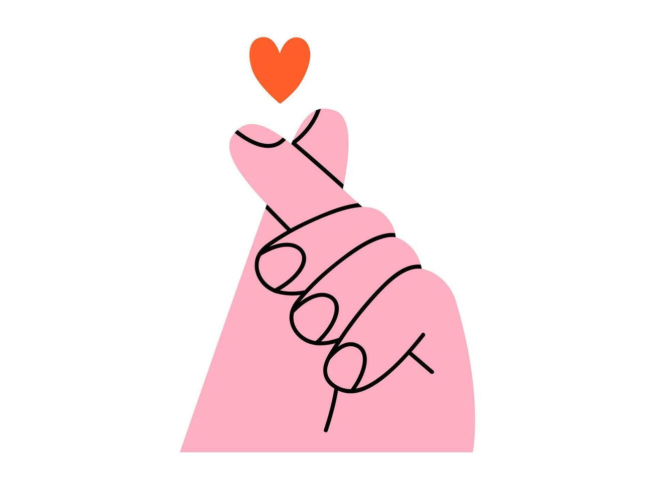 Hand drawn cute illustration of heart finger sign. Fall in love feeling hand gesture doodle. Valentines Day holiday romantic concept sticker, icon. Support and kindness emotion. Isolated. vector