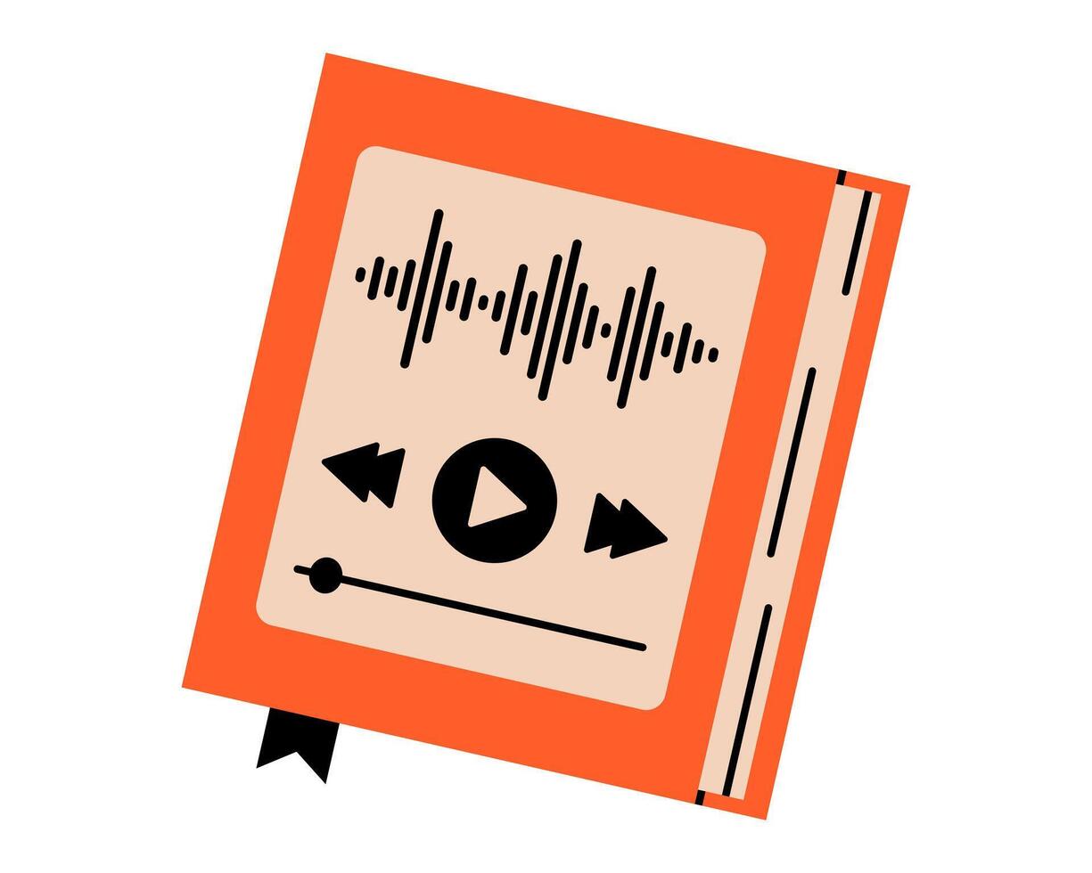 Hand drawn cute cartoon illustration of audio digital book with bookmark. Flat education or study concept doodle. Online library icon. Ebook electronic app. Podcast listening. Isolated. vector