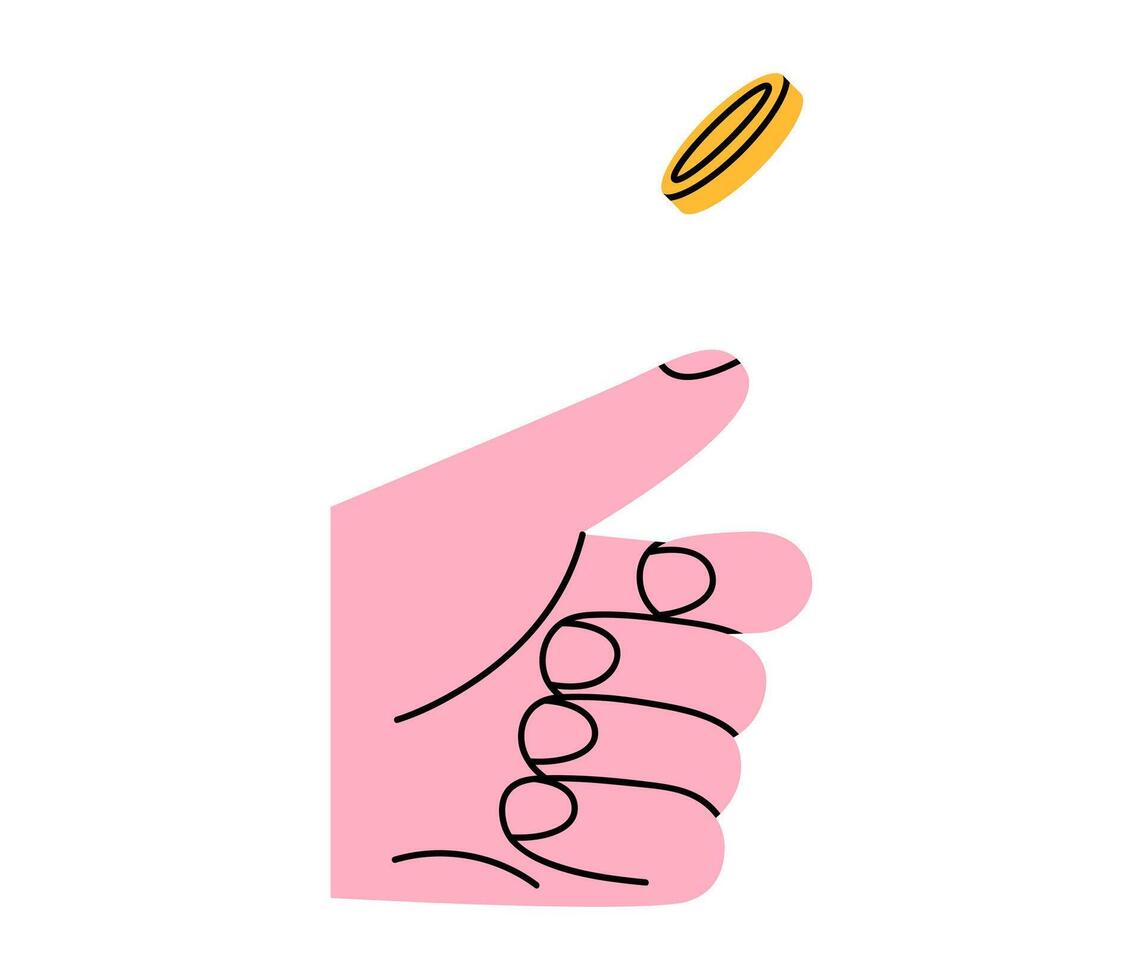 Hand drawn cute cartoon illustration of hand throwing coin. Flat lucky sign with arm doodle. Make a wish. Decision or choice icon or sticker. Superstition symbol. Head or tail. Isolated. vector