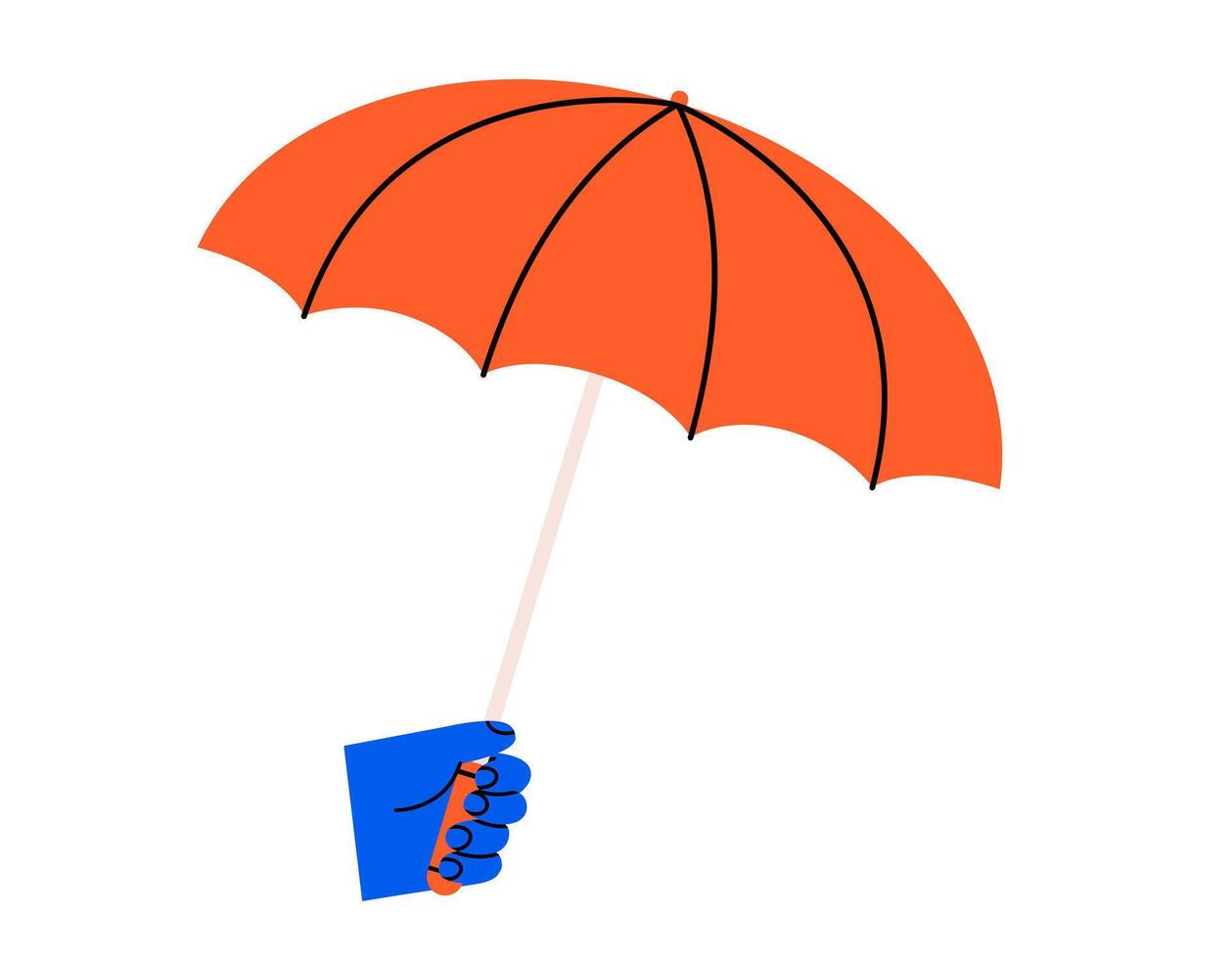 Hand drawn cute cartoon illustration of hand holding umbrella. Flat protection tool in arm sticker doodle. Safety symbol icon. Financial guarantee. Customer care. Security system. Isolated. vector