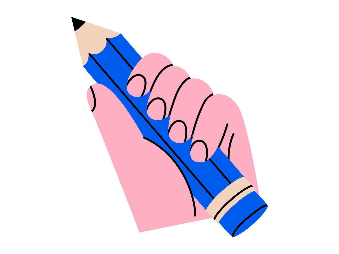 Hand drawn cute illustration of hand holding pencil. Flat school stationery in arm doodle. Creative process. Designer or painter. Education tool. Writing a message sticker, icon. Isolated. vector