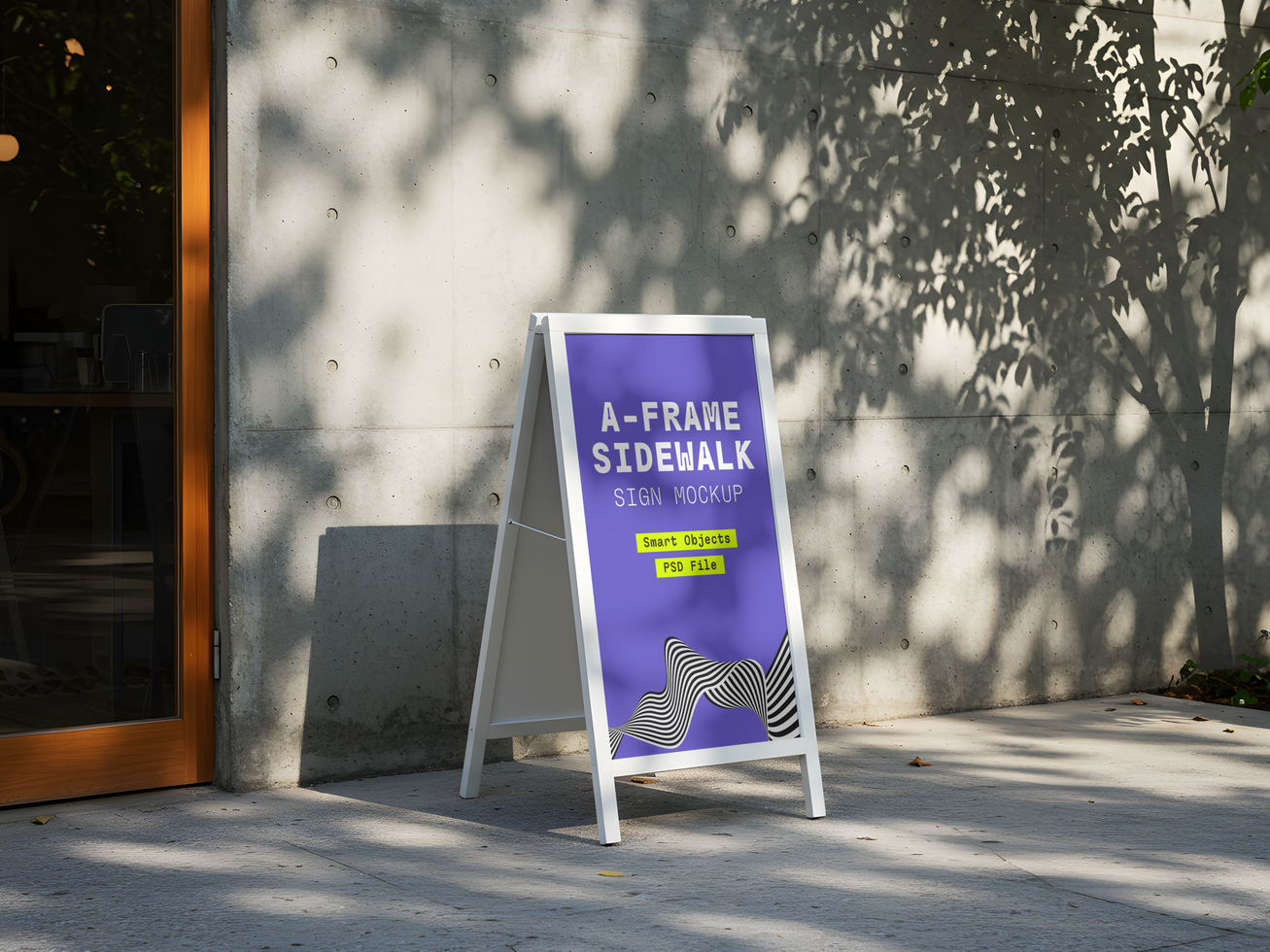 Outdoor A Frame Sidewalk Sign Mockup with Tree Shadows on Concrete Wall psd