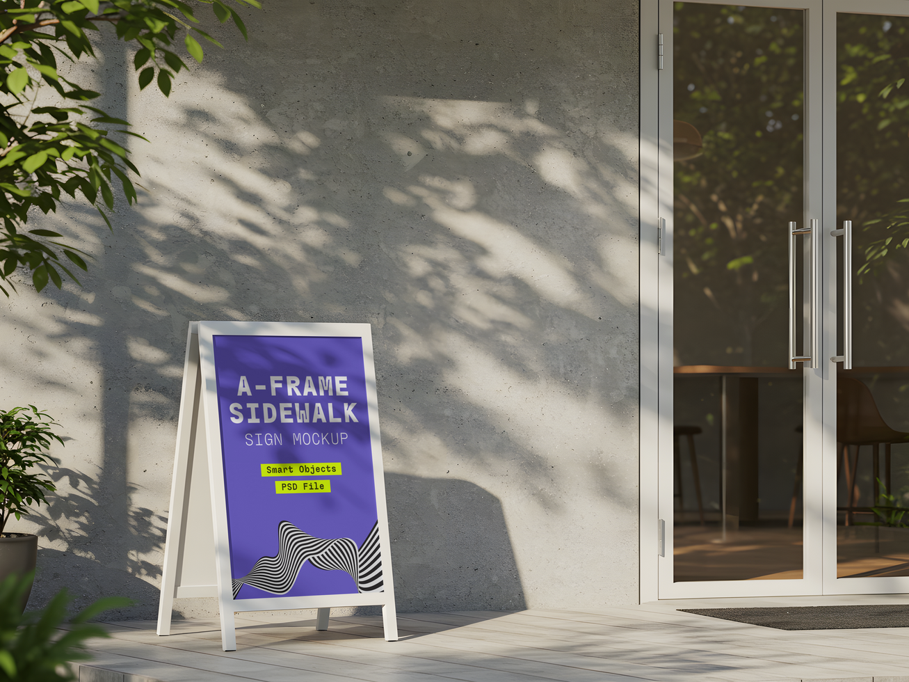 Business Entrance A-Frame Standing Sign Mockup on Concrete with Greenery psd