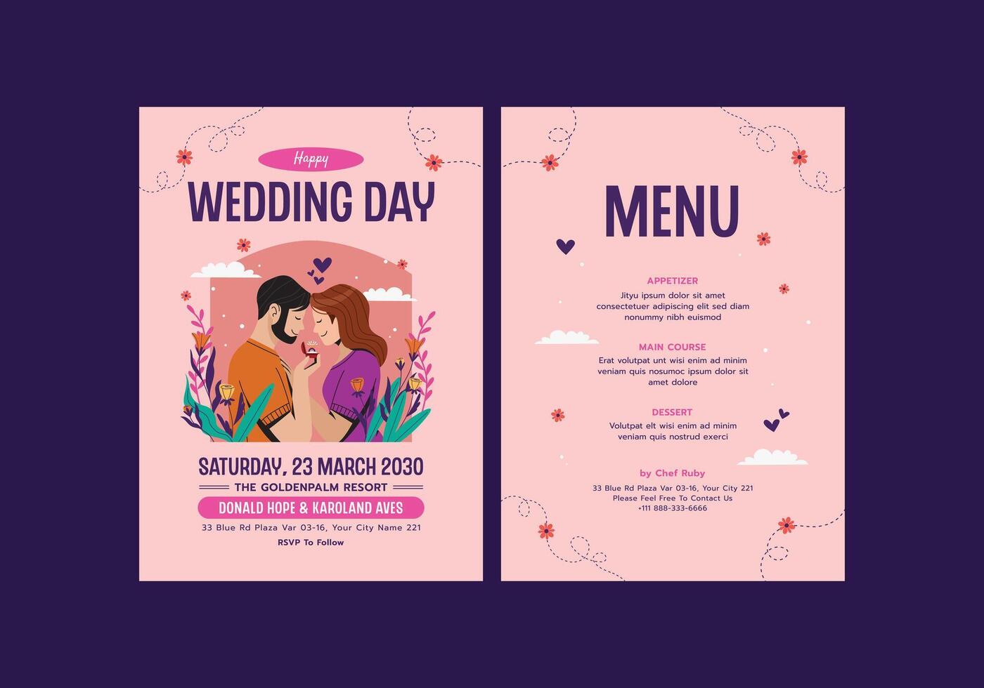 Wedding invitation and menu design vector
