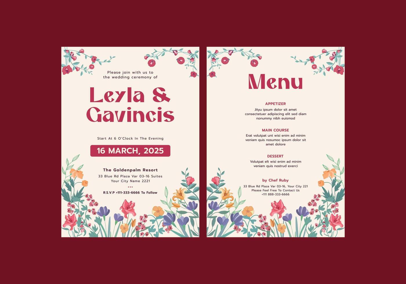Floral wedding invitation and menu design vector