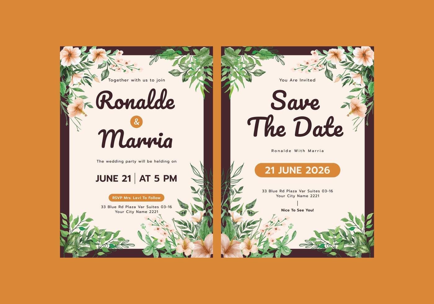 Floral wedding invitation for Ronaldde and Marria vector