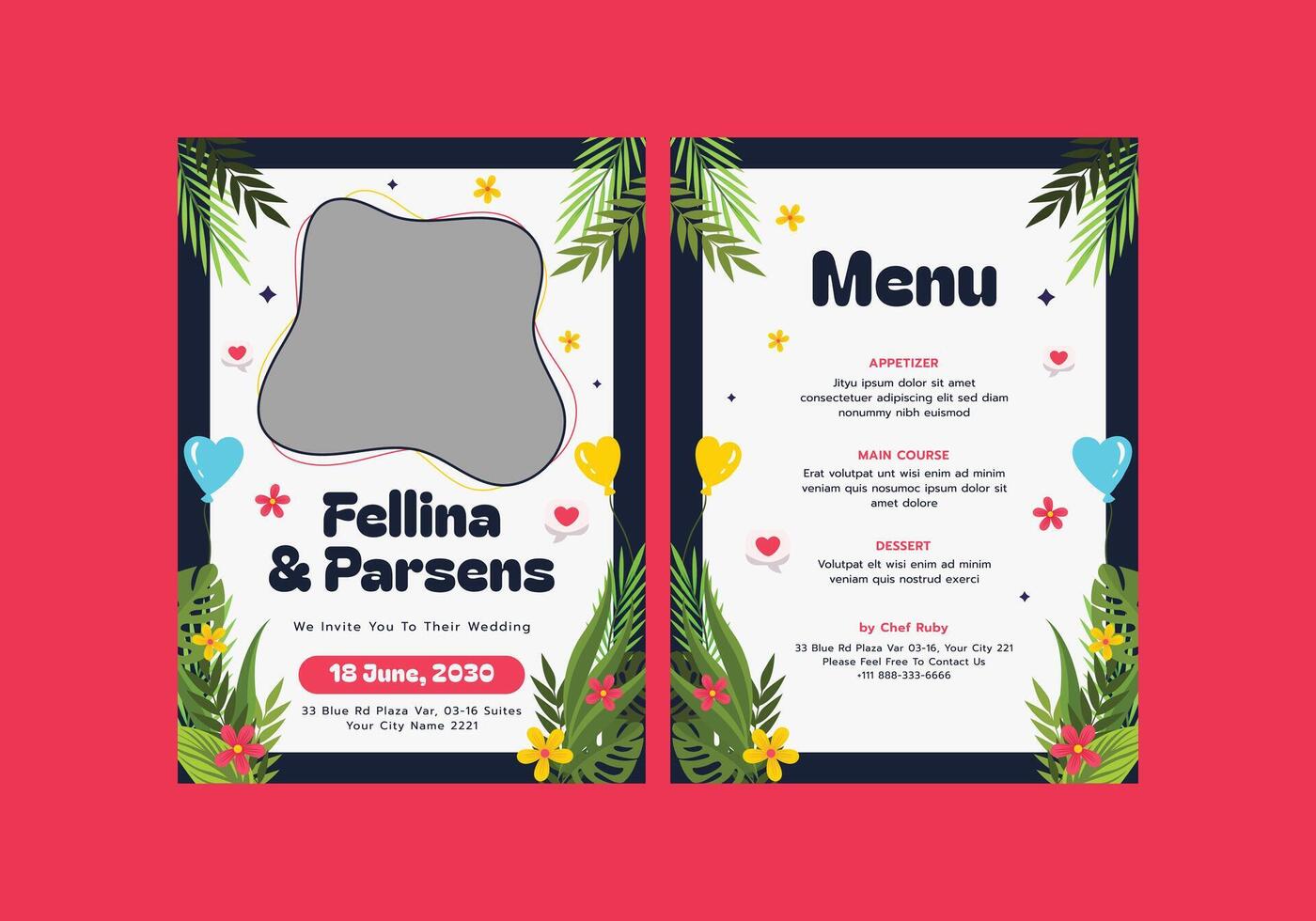 Wedding invitation and menu for Fellina Parsens vector