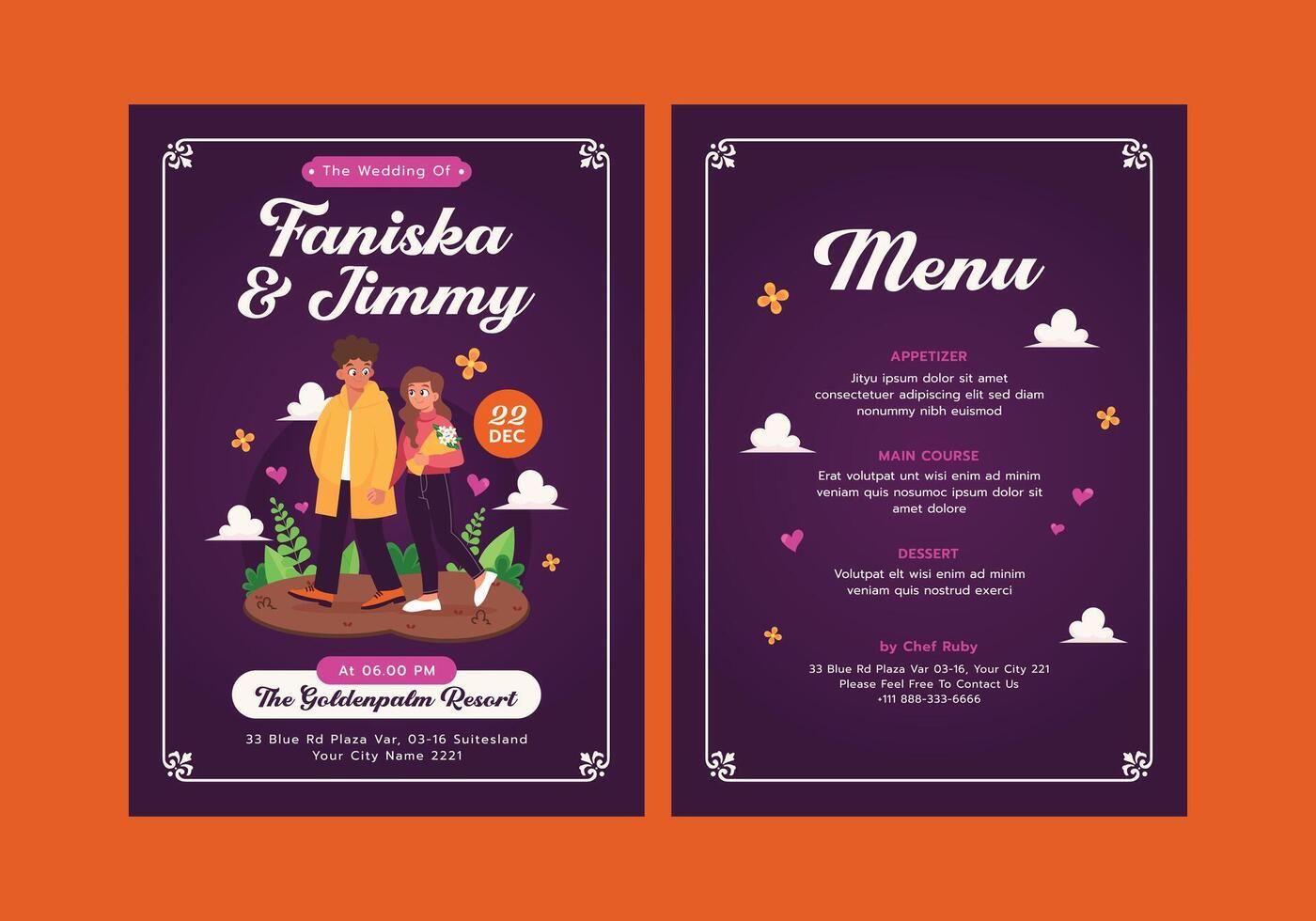 Wedding invitation and menu design vector