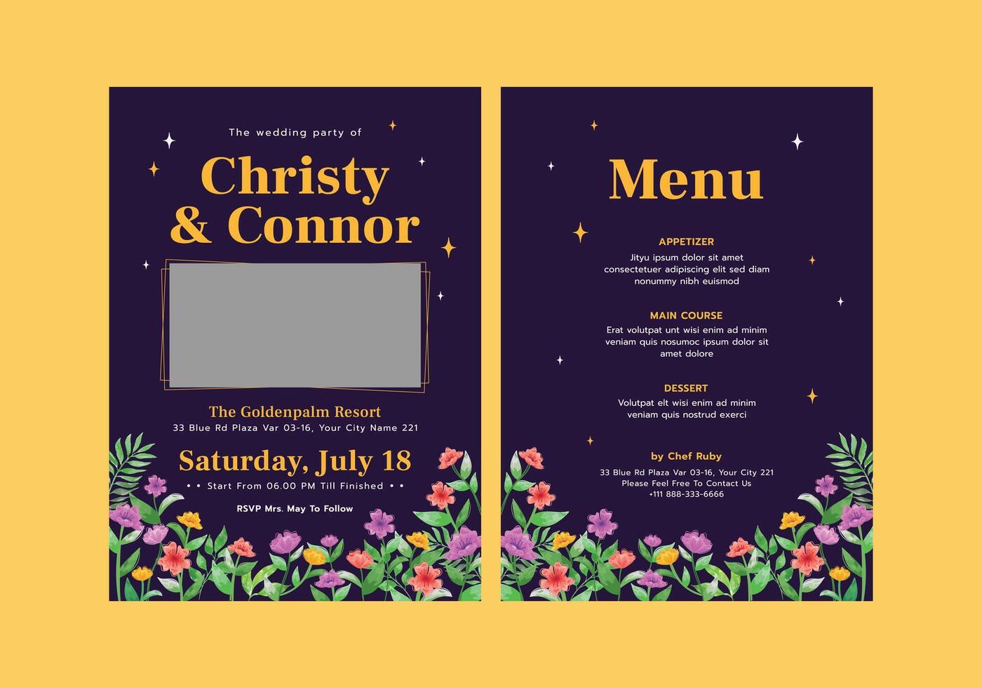 Wedding invitation with floral design vector