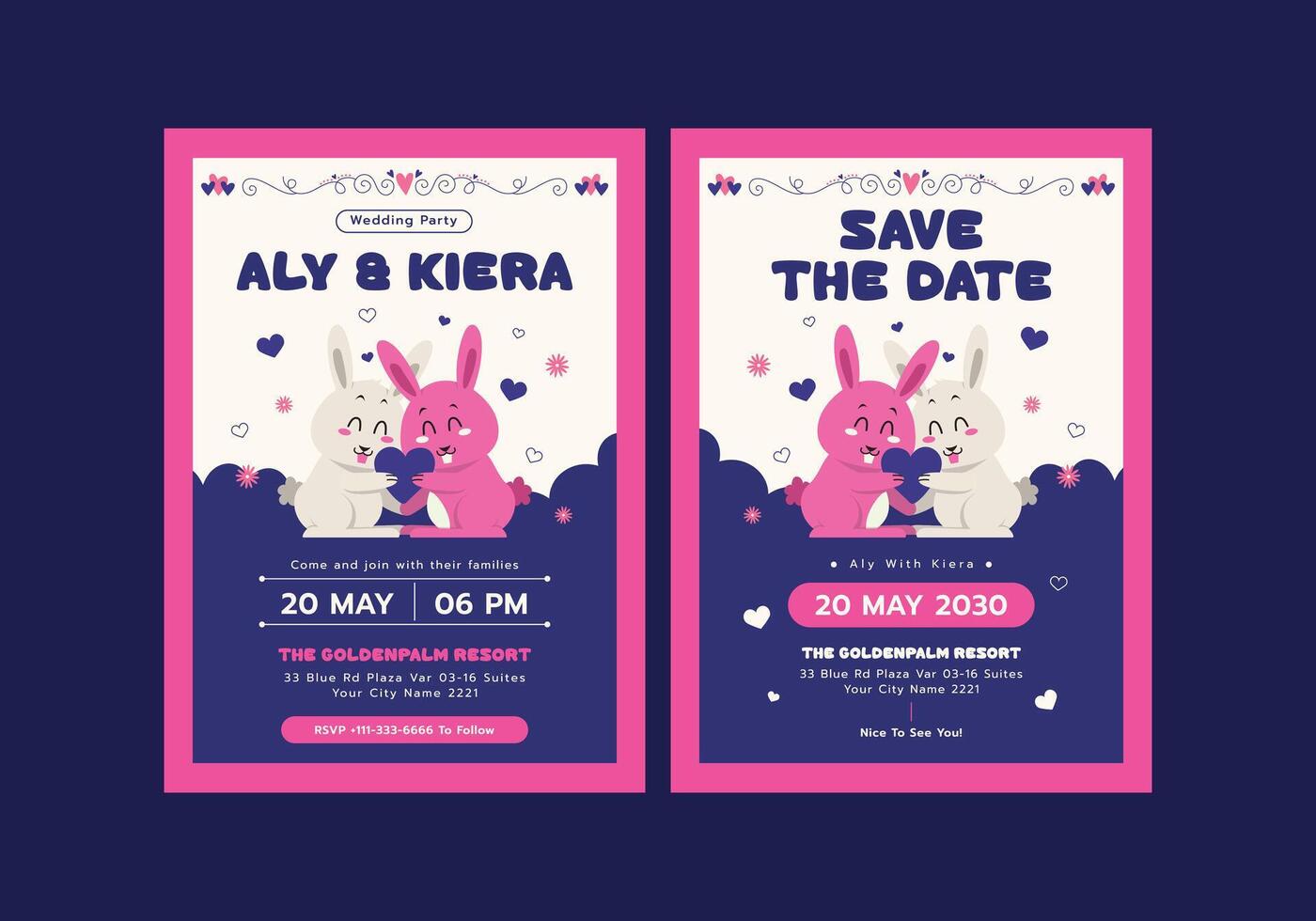 Rabbit Loveline Wedding Invitation Template vector
