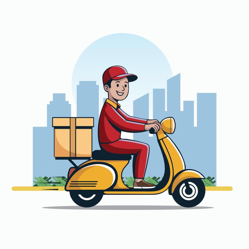 Delivery service illustration delivery man with parcel on scooter vector