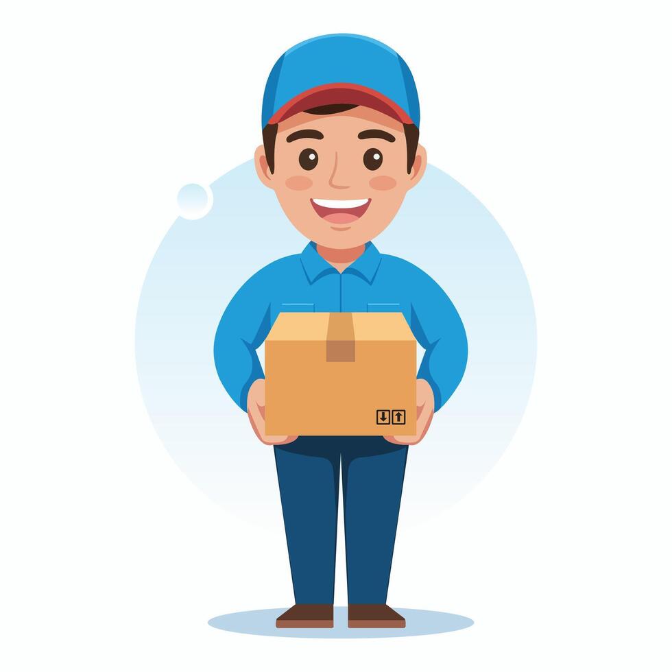 Delivery boy holding box parcel wearing uniform vector