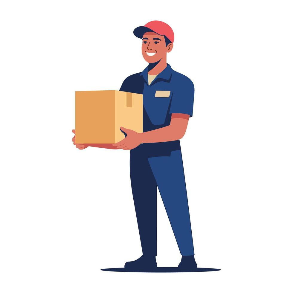 Delivery man holding box parcel wearing uniform vector