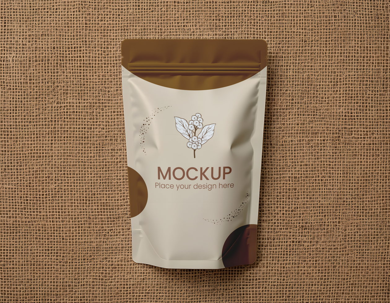 Mockup of a stand-up pouch on a textured surface for product presentation psd