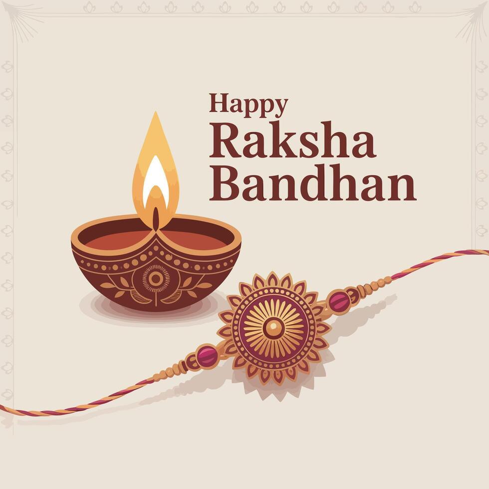 Raksha Bandhan Greeting with Traditional Diya and Rakhi vector