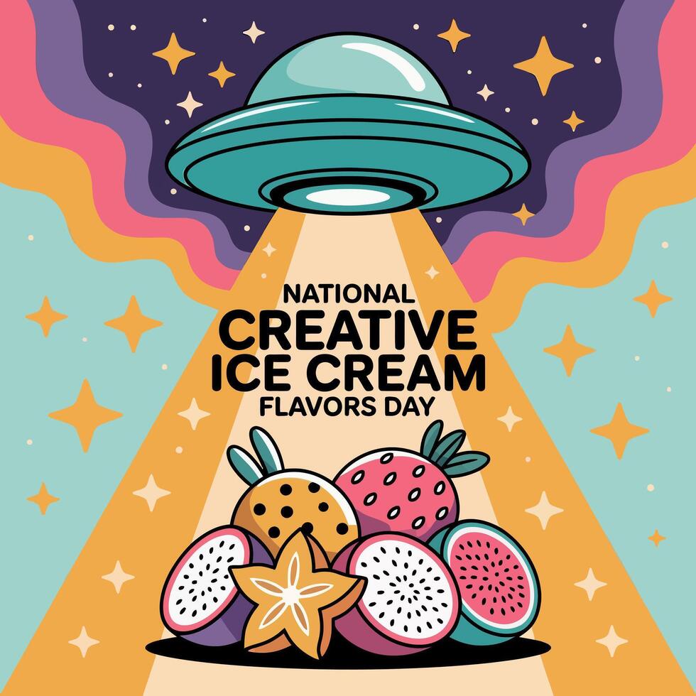 National Creative Ice Cream Flavors Day with Fruit Toppings and Retro Colorful Background vector