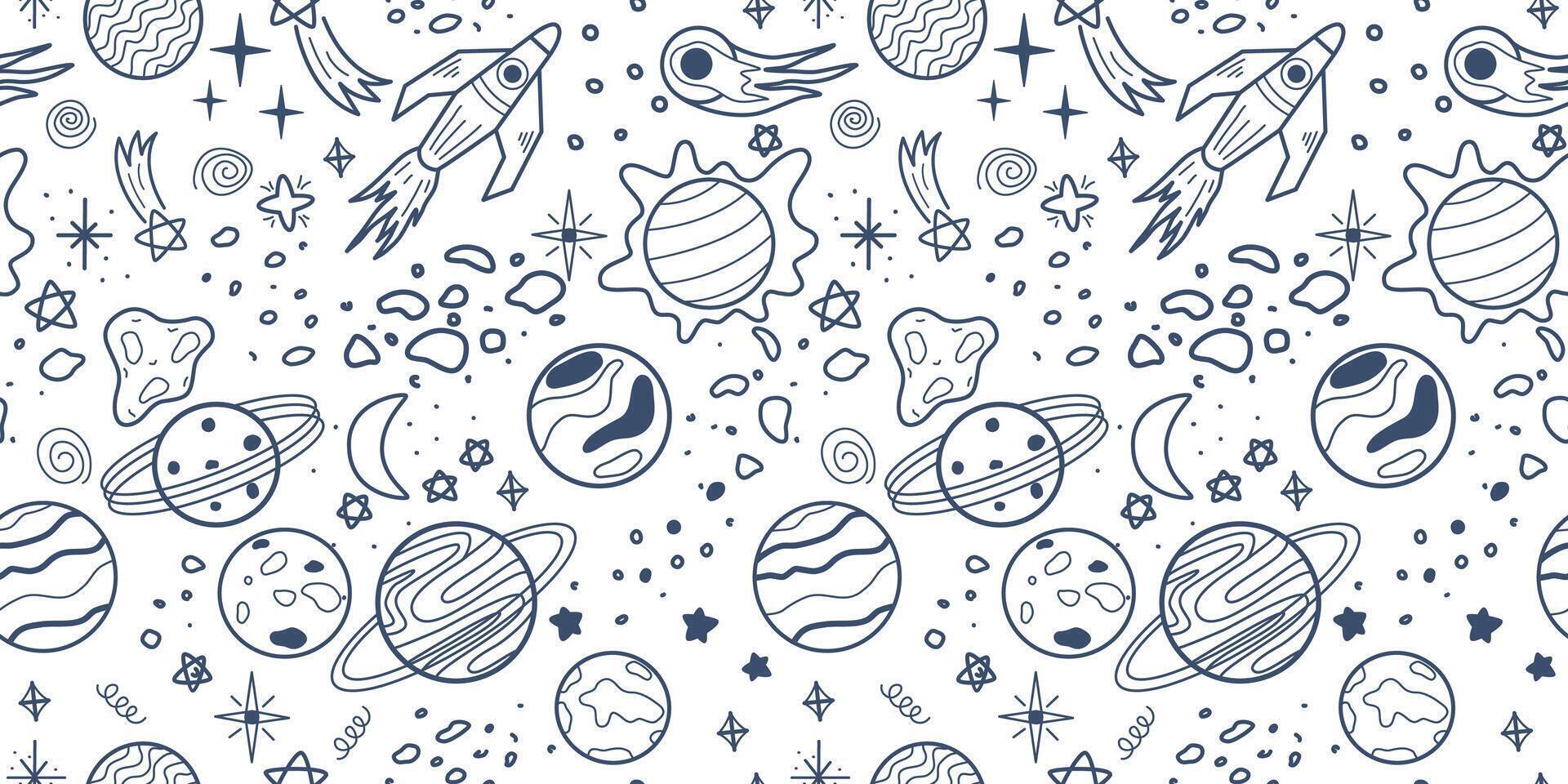 Space seamless pattern with comets, stars, meteors and rocket vector