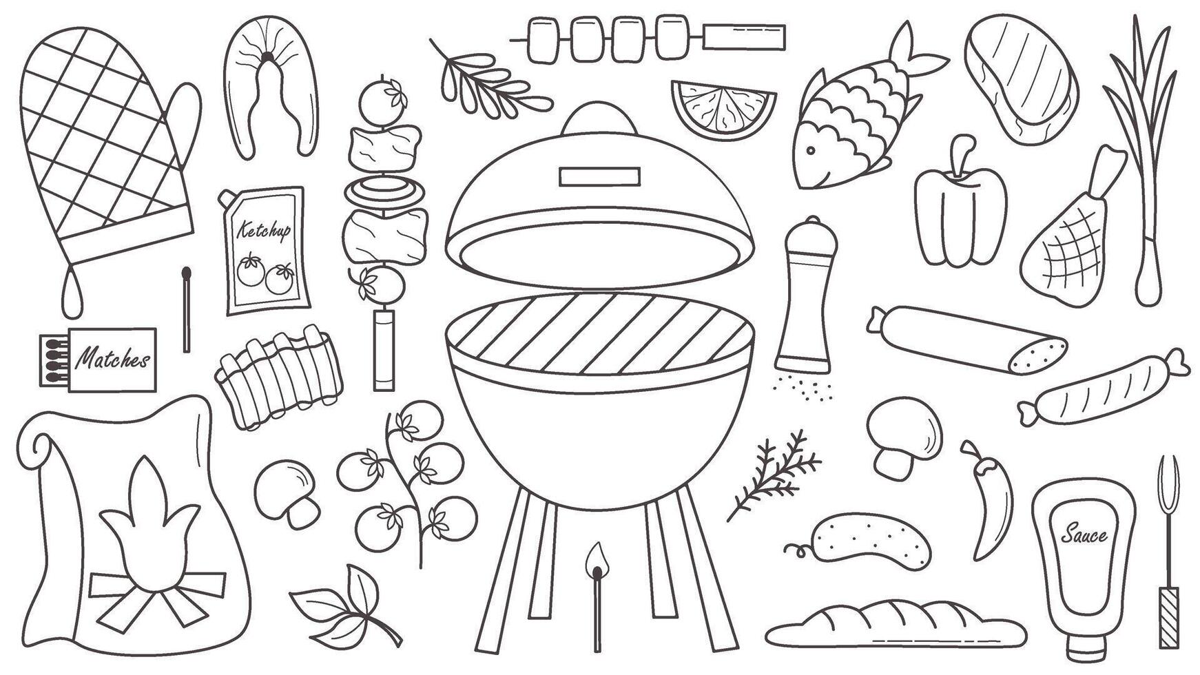 Set of Sunday summer picnic doodle sketch style vector