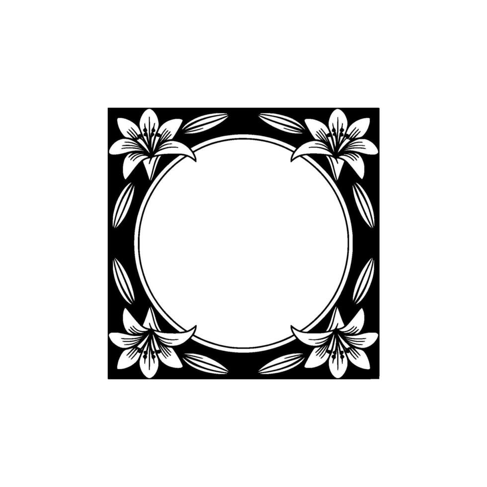 Elegant Floral Frame with Lilies in Black and White. vector