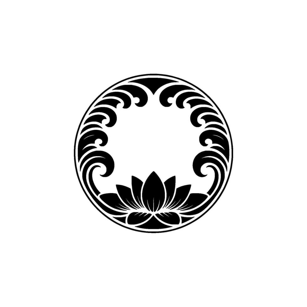 Elegant Lotus Flower and Wave Circle Ornament, Black and White. vector