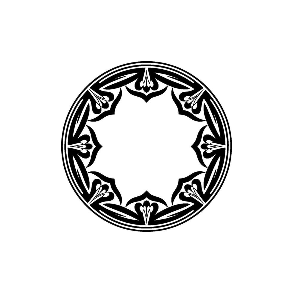 Ornamental Black White Floral Circle Frame, Elegant on Gray. vector