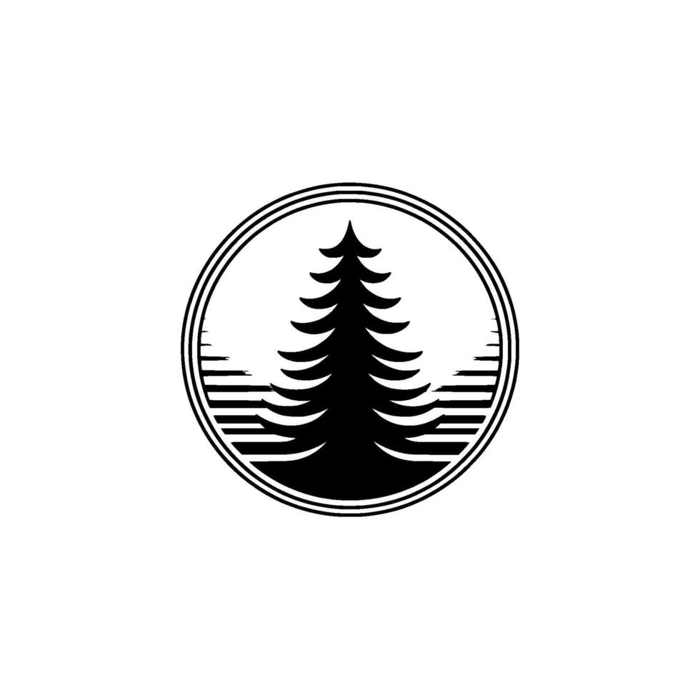 Minimalist Pine Tree Emblem, Black White, Circle. vector