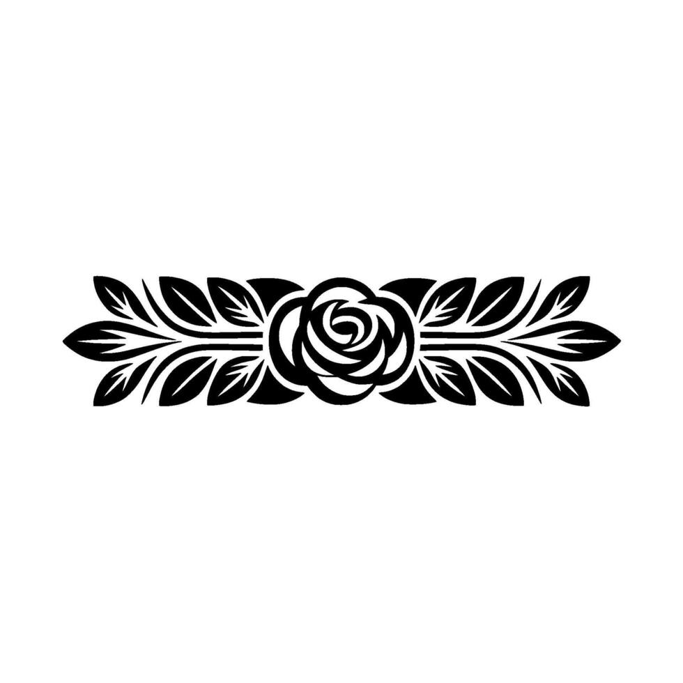 Elegant Floral Ornament Black Rose and Leaf Border on White. vector