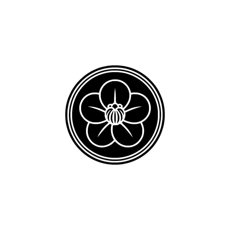 Minimalist Japanese Floral Crest Black and White. vector