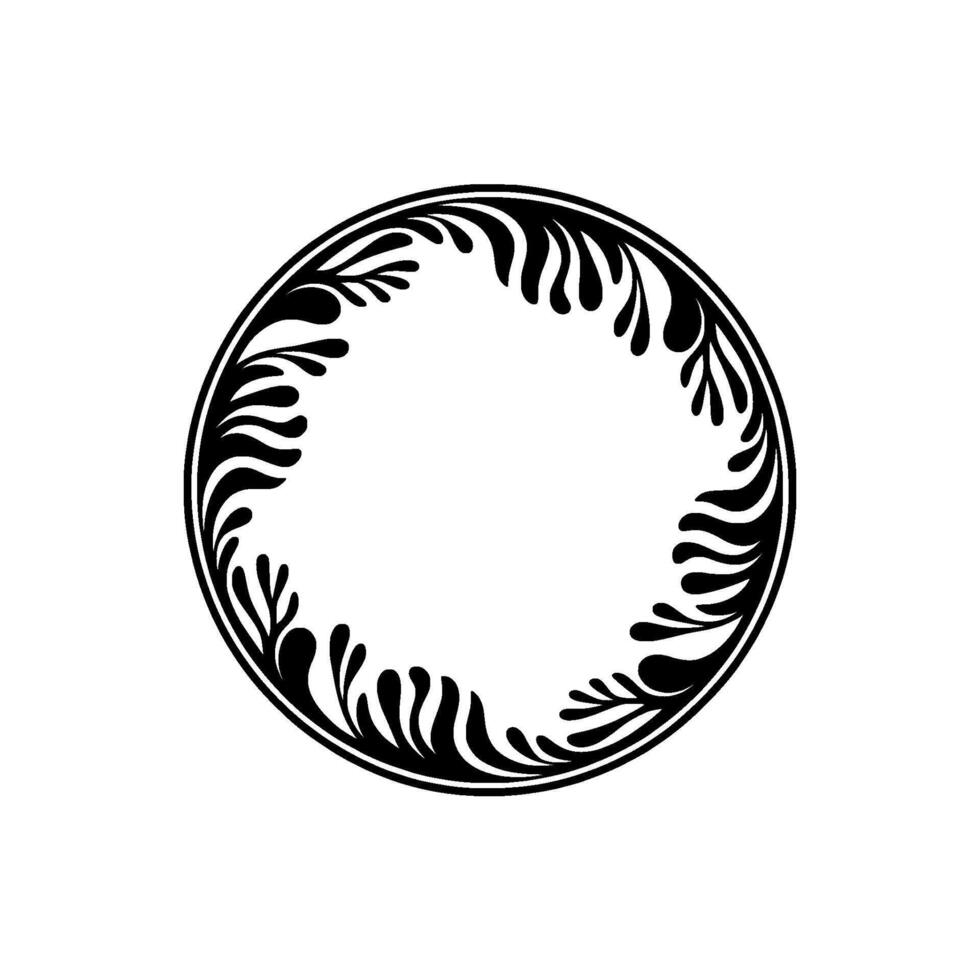Decorative Circular Foliage Frame, Black and White, Minimalist. vector