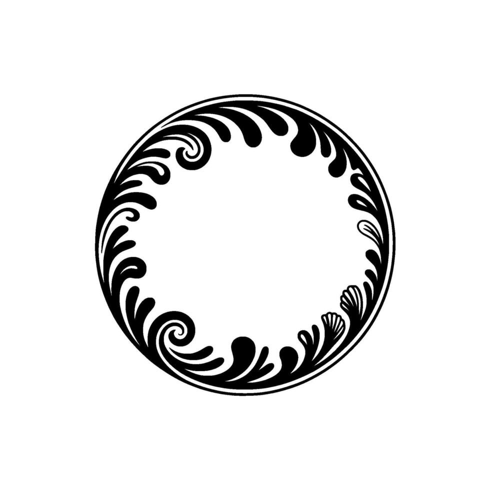 Ornate Black Floral Circle Frame, Minimalist. vector