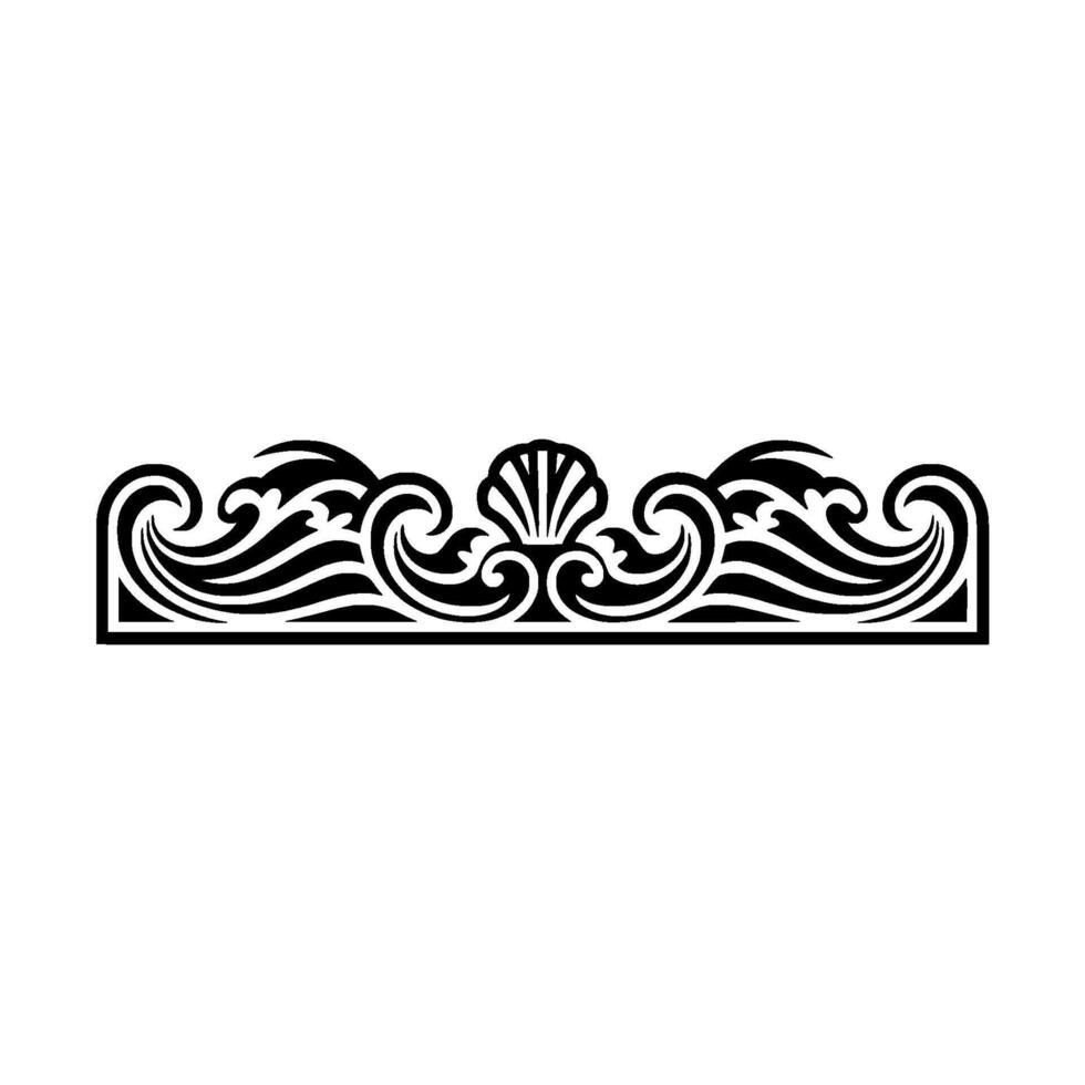Elegant Black and White Oceanic Border with Seashell and Waves. vector