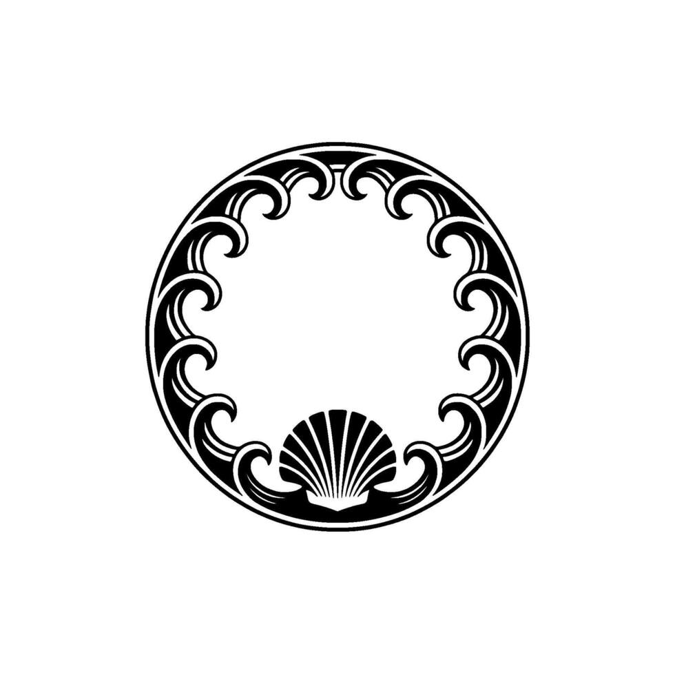 Elegant Sea Motif Circular Frame with Waves Shell, Black on White. vector