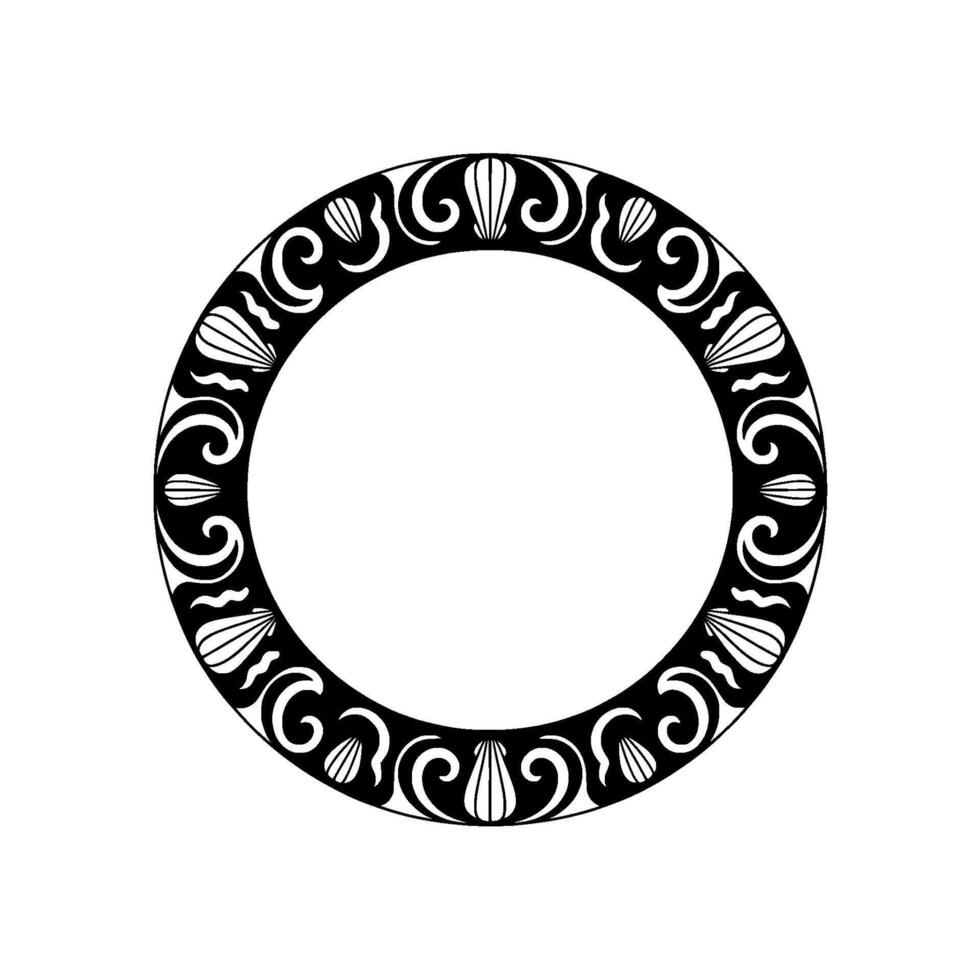 Elegant Circular Frame with Shell and Swirl Motifs, Black and White. vector