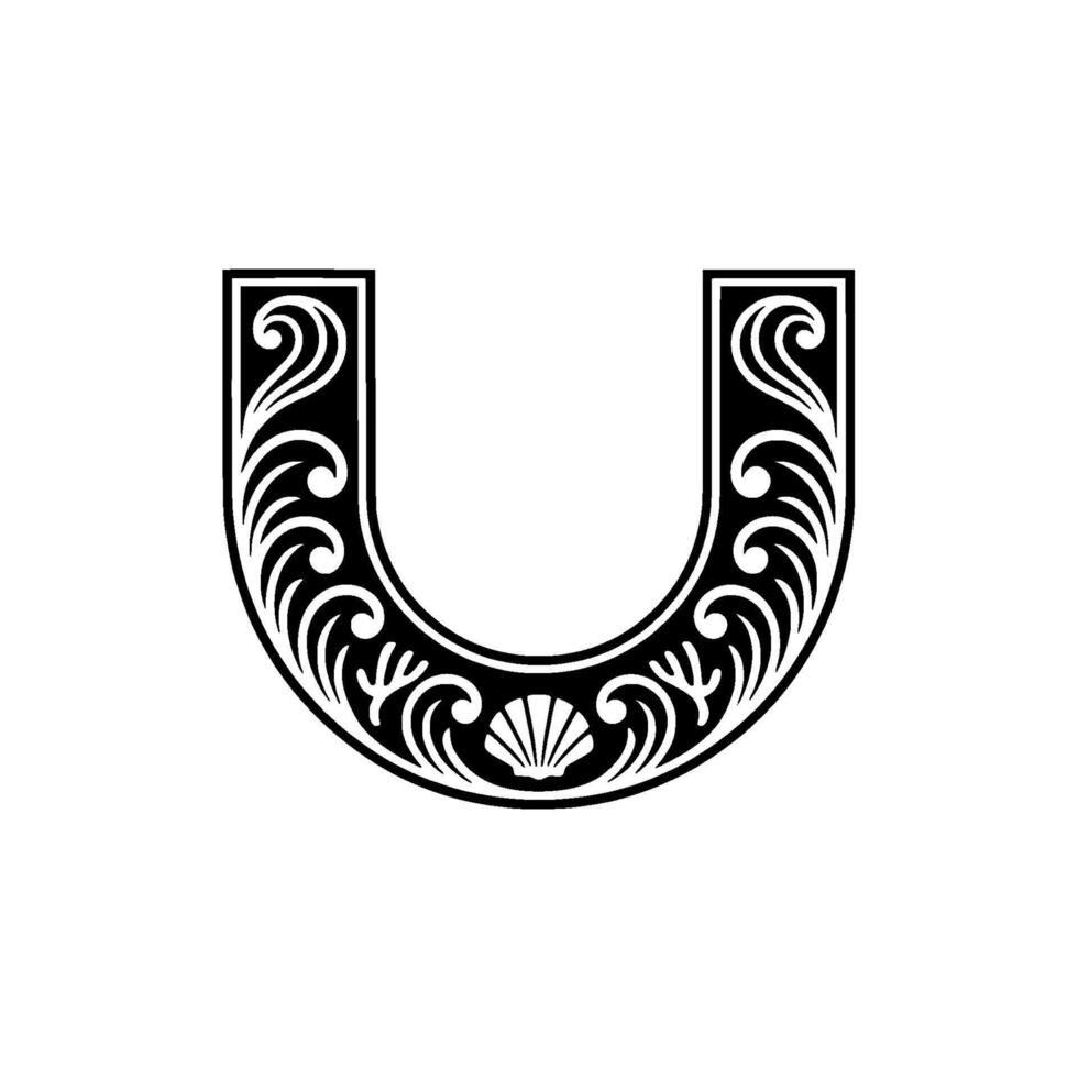 Decorative Black White Letter U with Shell Element. vector