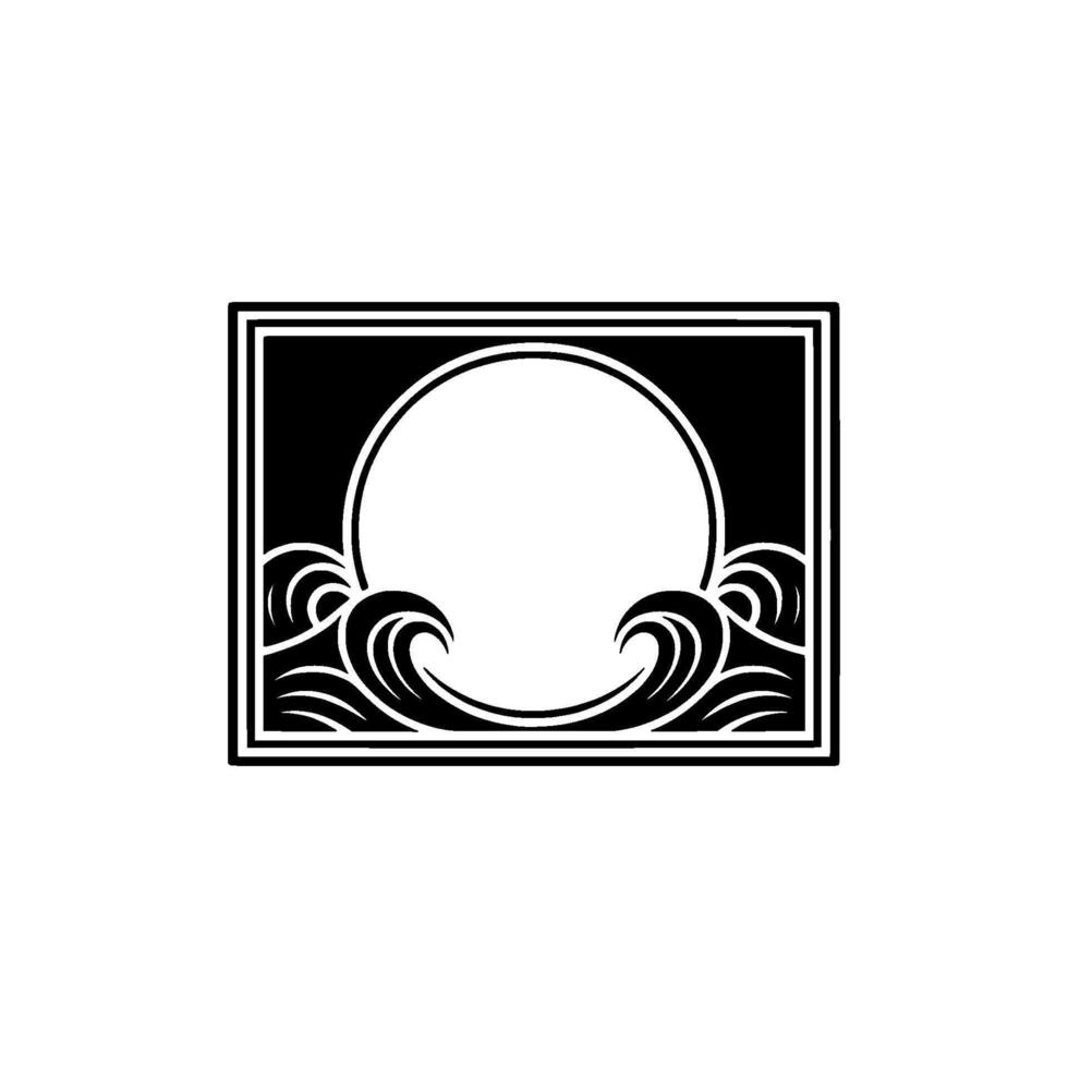 Black White Japanese Wave Motif Decorative Frame for. vector