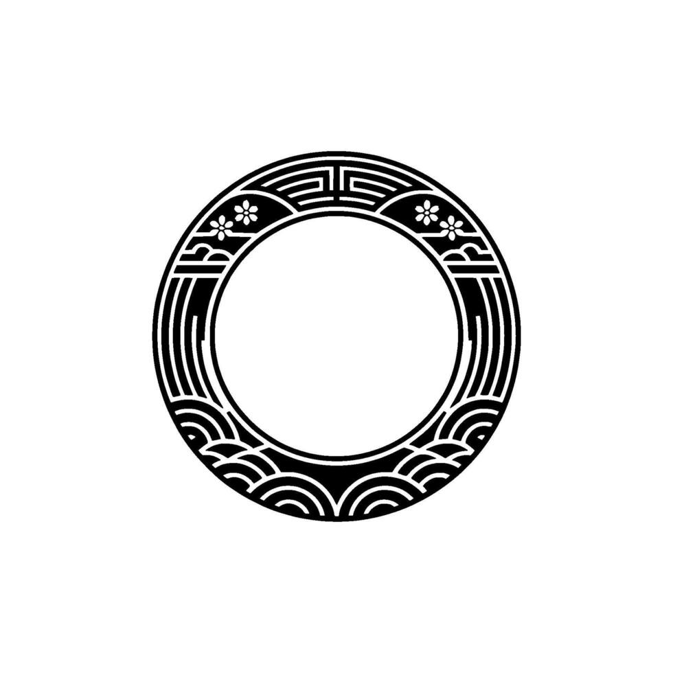 Japanese Circle with Cherry Blossoms, Minimalist Black and White Illustration. vector