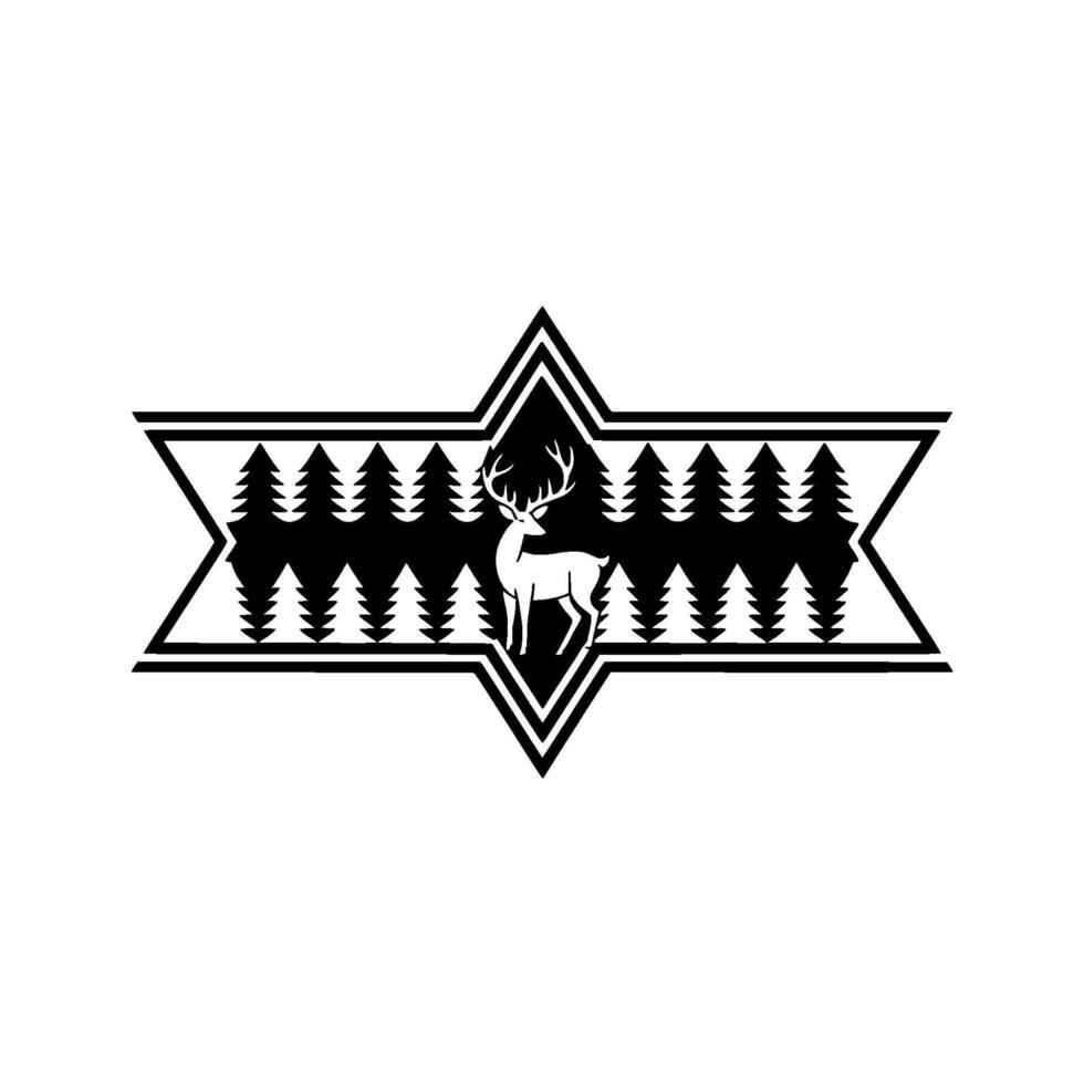 Black White Deer and Forest Starburst. vector