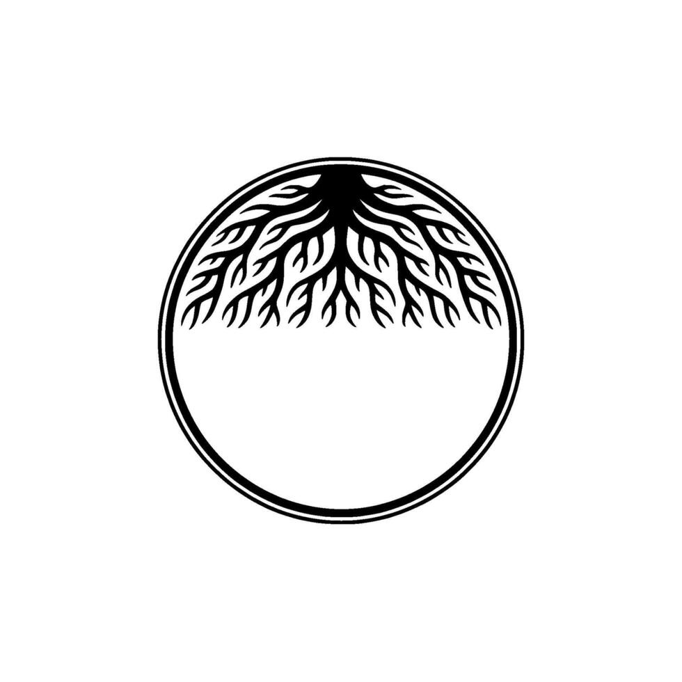 Minimalist Tree Root Emblem in a Circle, Monochrome. vector