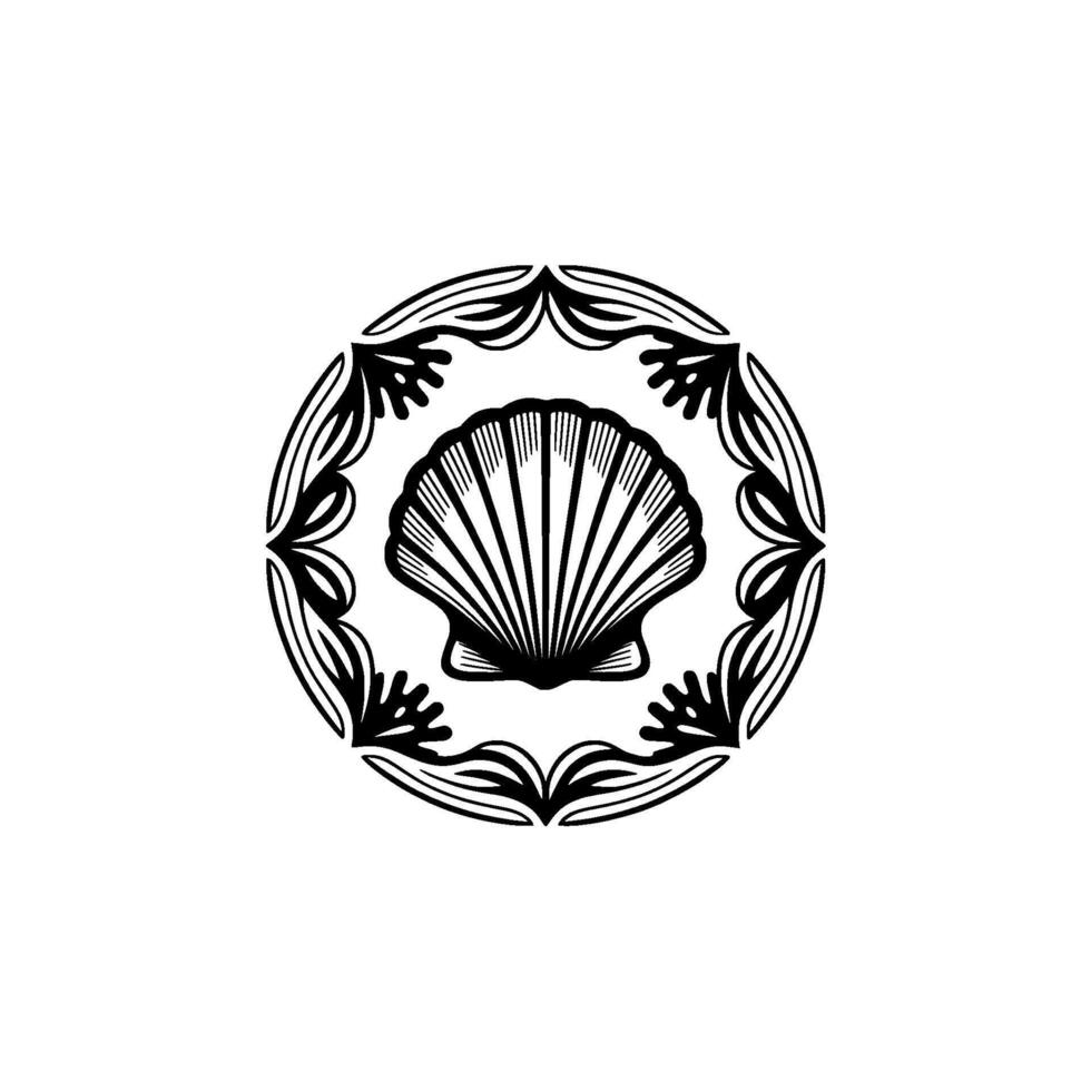 Elegant Shell Ornament in Black and White, Coastal , Minimalist. vector