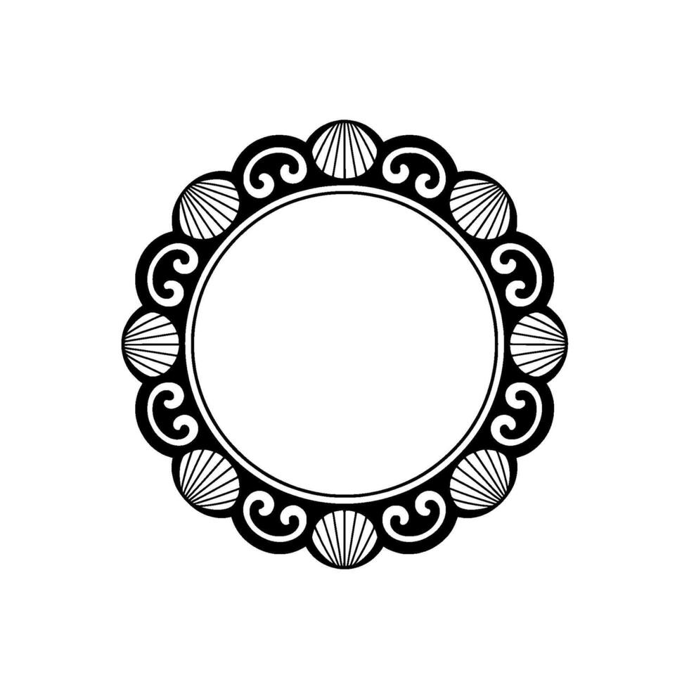 Elegant Black White Circular Frame with Shells and Swirls. vector