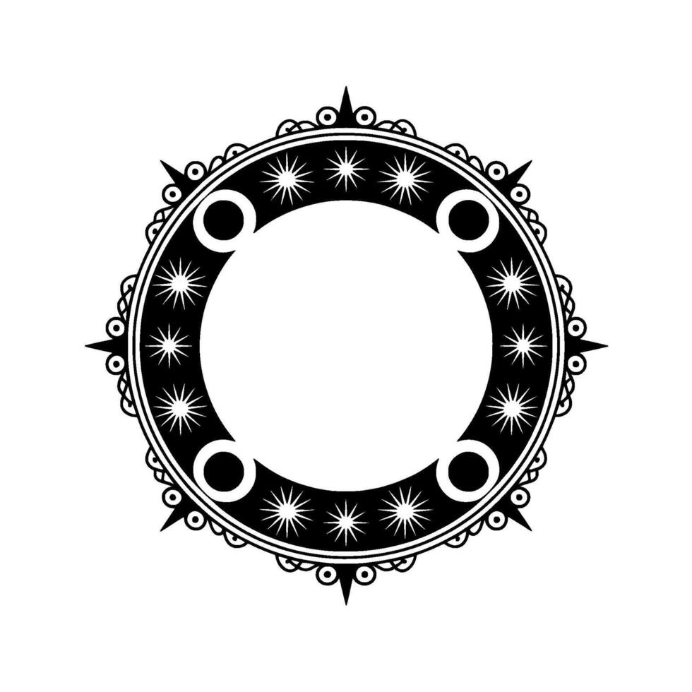 Decorative Black and White Circular Frame with Starbursts and Ornate Details. vector