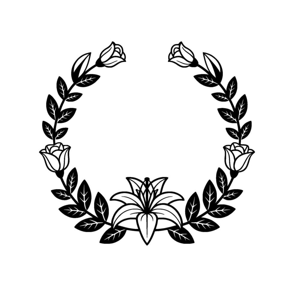 Elegant Floral Wreath Silhouette, Minimalist Black and White. vector