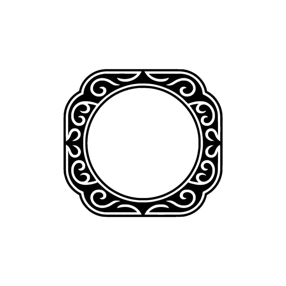 Elegant Black White Circular Frame with Decorative Swirls on Neutral Background. vector