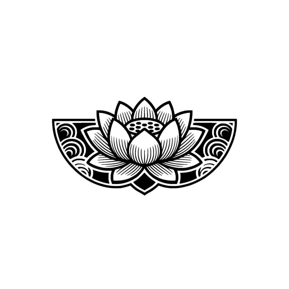 Black Lotus Flower Motif on White Background, Minimalist. vector