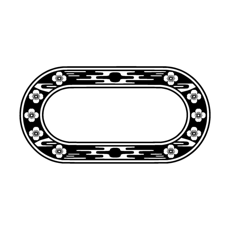 Elegant Floral Oval Frame in Black and White - Japanese Style. vector
