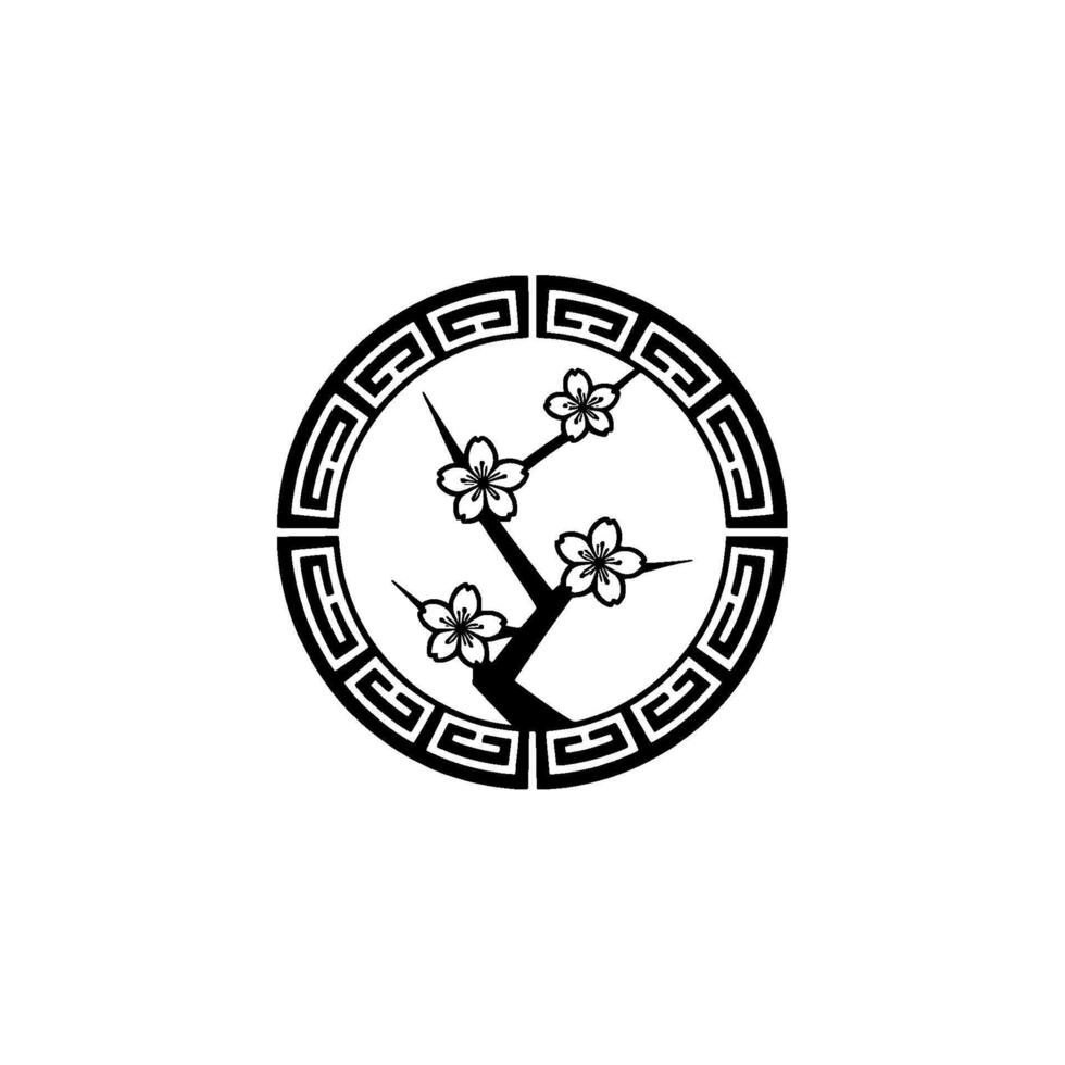 Minimalist Cherry Blossom Circle Emblem, Black White. vector
