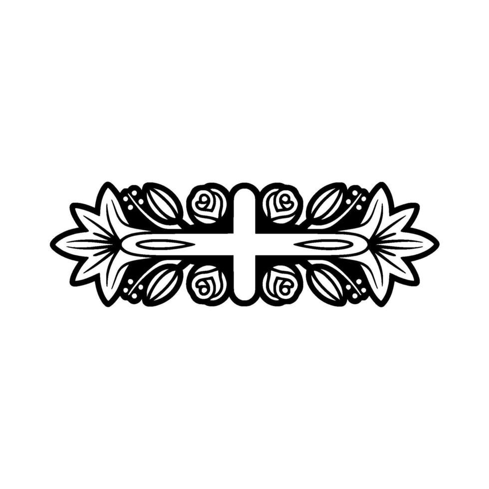 Floral Cross Ornament , Elegant Black and White. vector